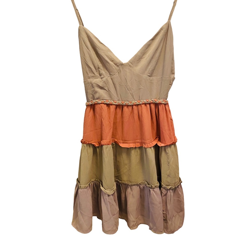 STORIA NWT Y2K Fairycore Gray, Peach, Green Colorblock Tiered Babydoll Dress